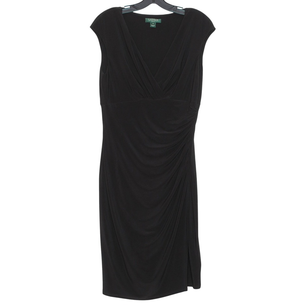 Lauren‎ Ralph Lauren Faux Wrap Dress Slinky Stretch Minimalist Classic Black 12